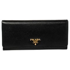 Prada Black Saffiano Lux Leather Flap Continental Wallet