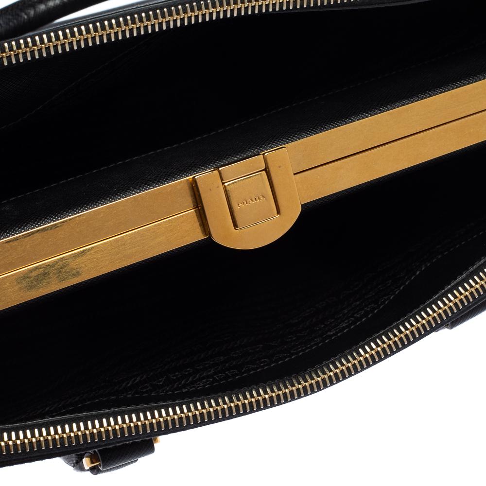 Prada Black Saffiano Lux Leather Frame Double Zip Tote 7