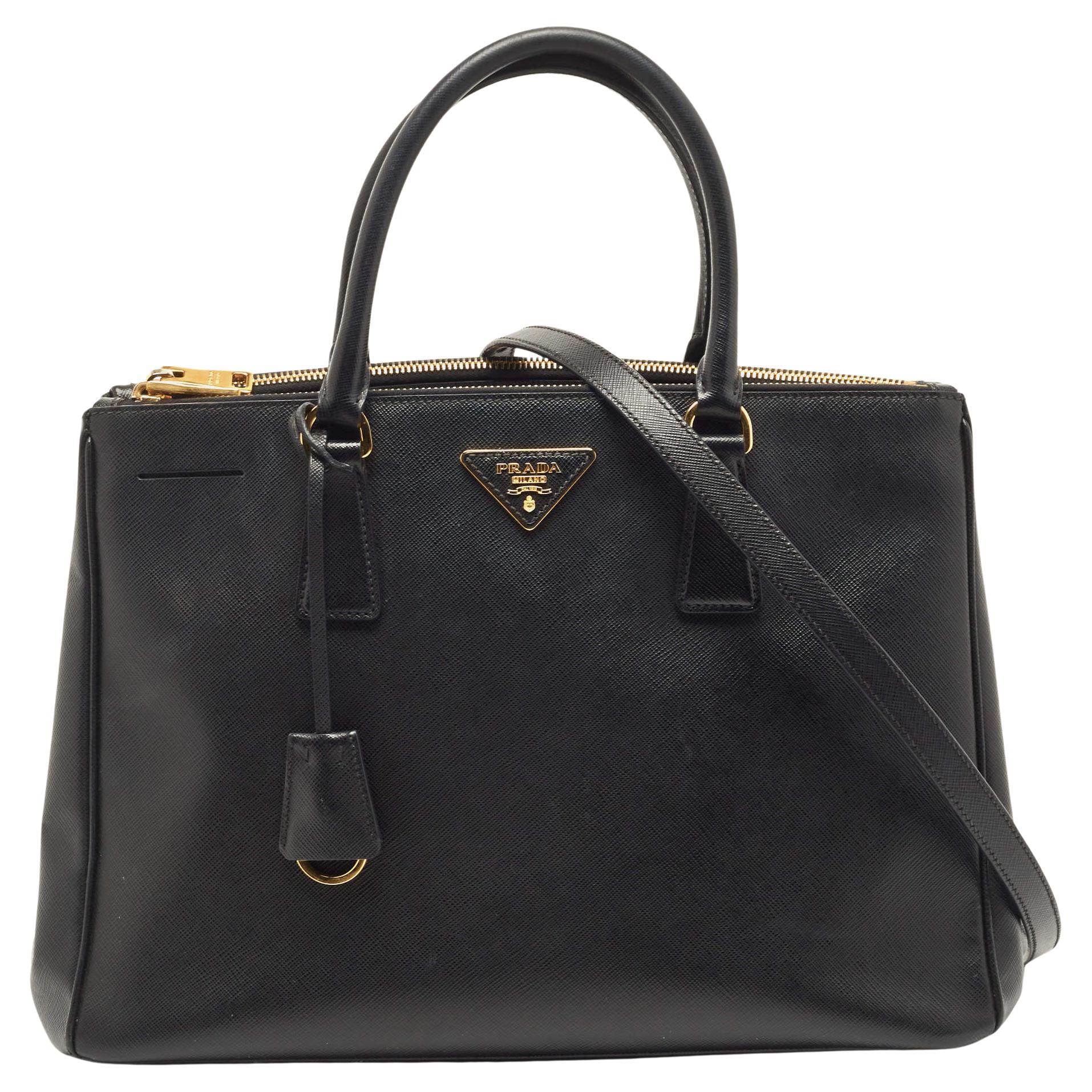 Prada Black Saffiano Lux Leather Galleria Double Zip Tote For Sale At 