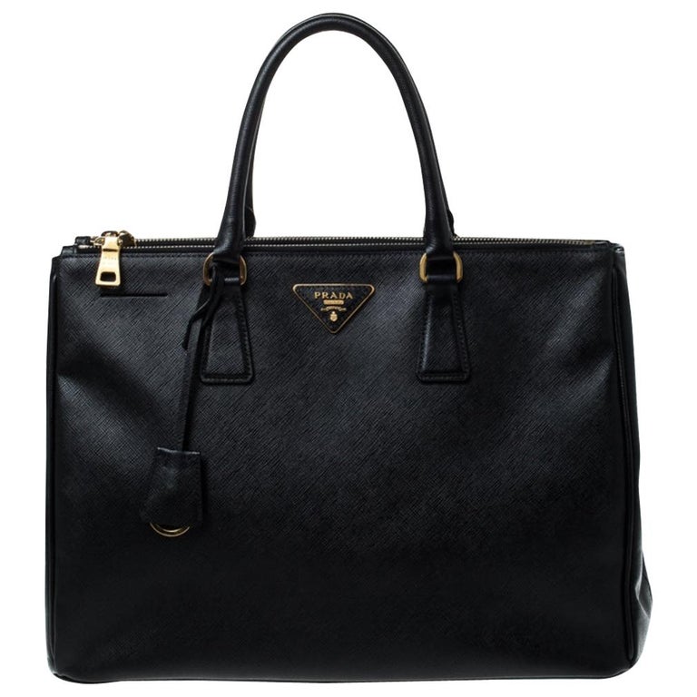 Prada Black Saffiano Lux Leather Large Double Zip Tote For Sale