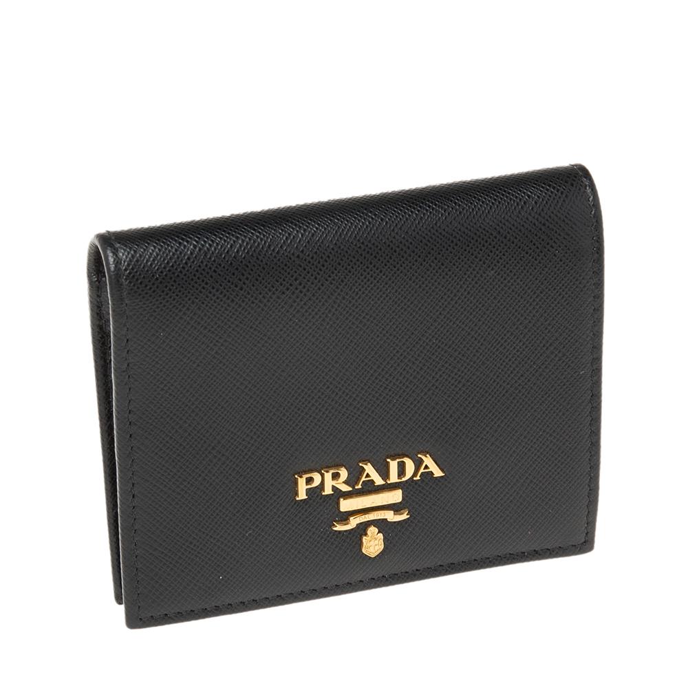 Prada Black Saffiano Lux Leather Logo Flap Compact Wallet 6