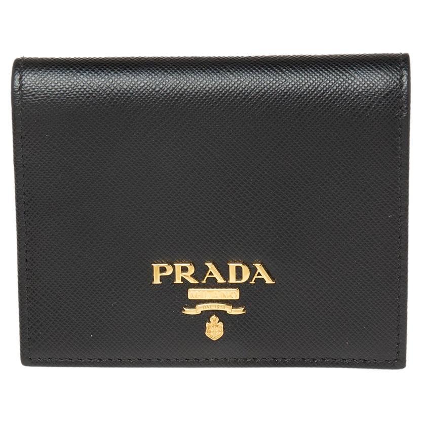 Prada Black Saffiano Lux Leather Logo Flap Compact Wallet