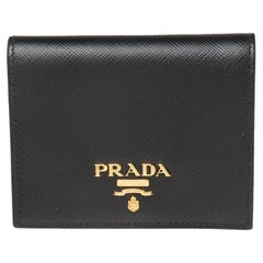 Prada Black Saffiano Lux Leather Logo Flap Compact Wallet