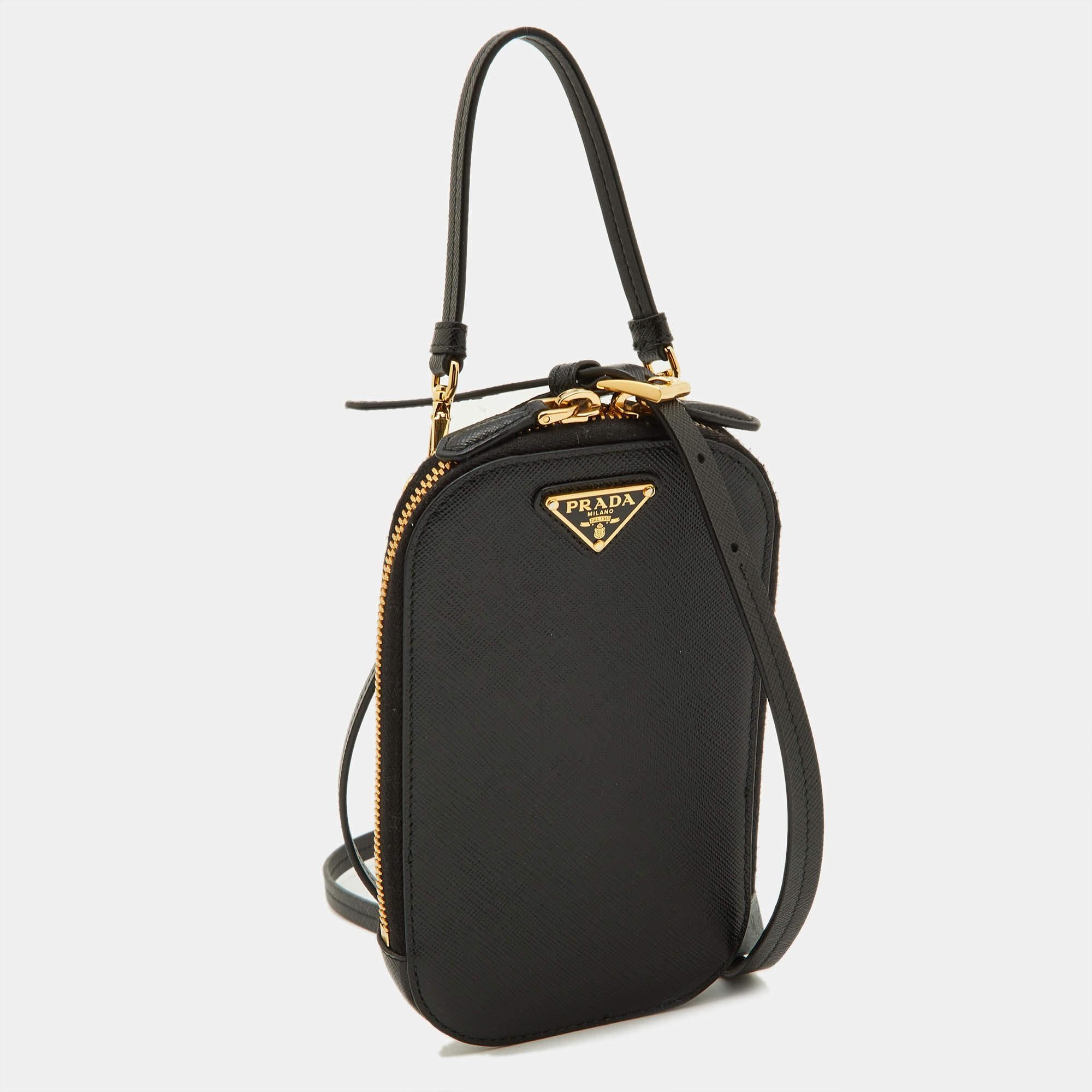 Women's Prada Black Saffiano Lux Leather Logo Phone Crossbody Bag