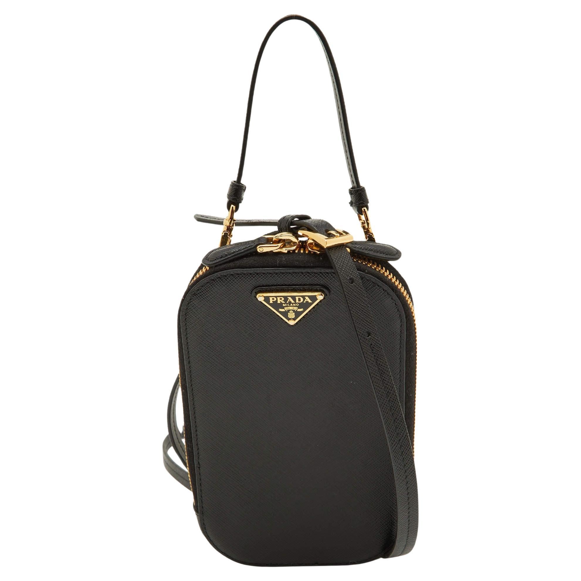 Prada Black Saffiano Lux Leather Logo Phone Crossbody Bag