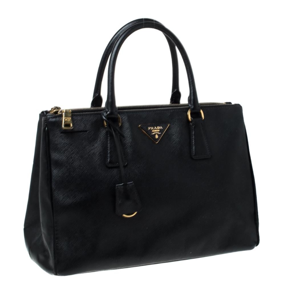 Women's Prada Black Saffiano Lux Leather Medium Double Zip Tote