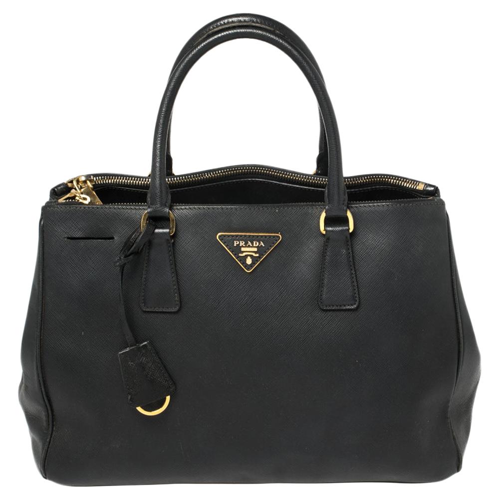 Prada Black Saffiano Lux Leather Medium Double Zip Tote
