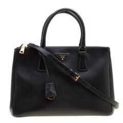Used Prada Black Saffiano Lux Leather Medium Galleria Double Zip Top Handle Bag