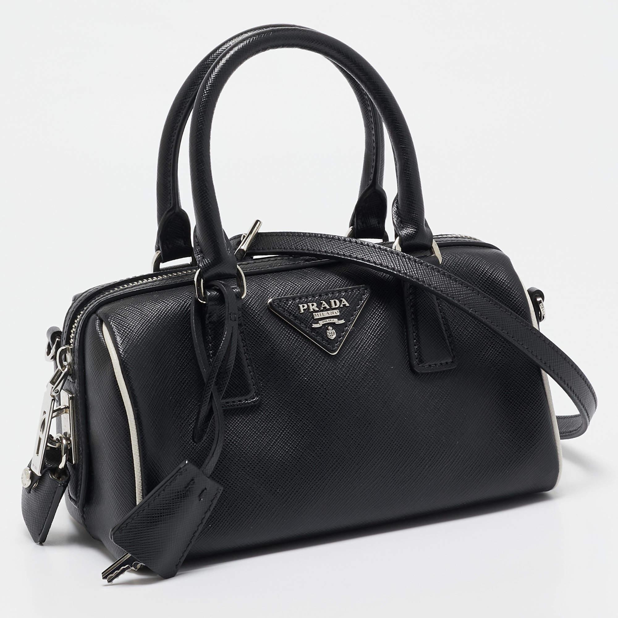 Prada Black Saffiano Lux Leather Mini Boston Bag In Good Condition In Dubai, Al Qouz 2