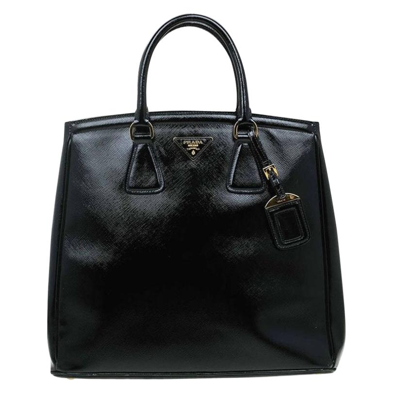 Prada Black Saffiano Lux Leather Parabole Shopping Tote