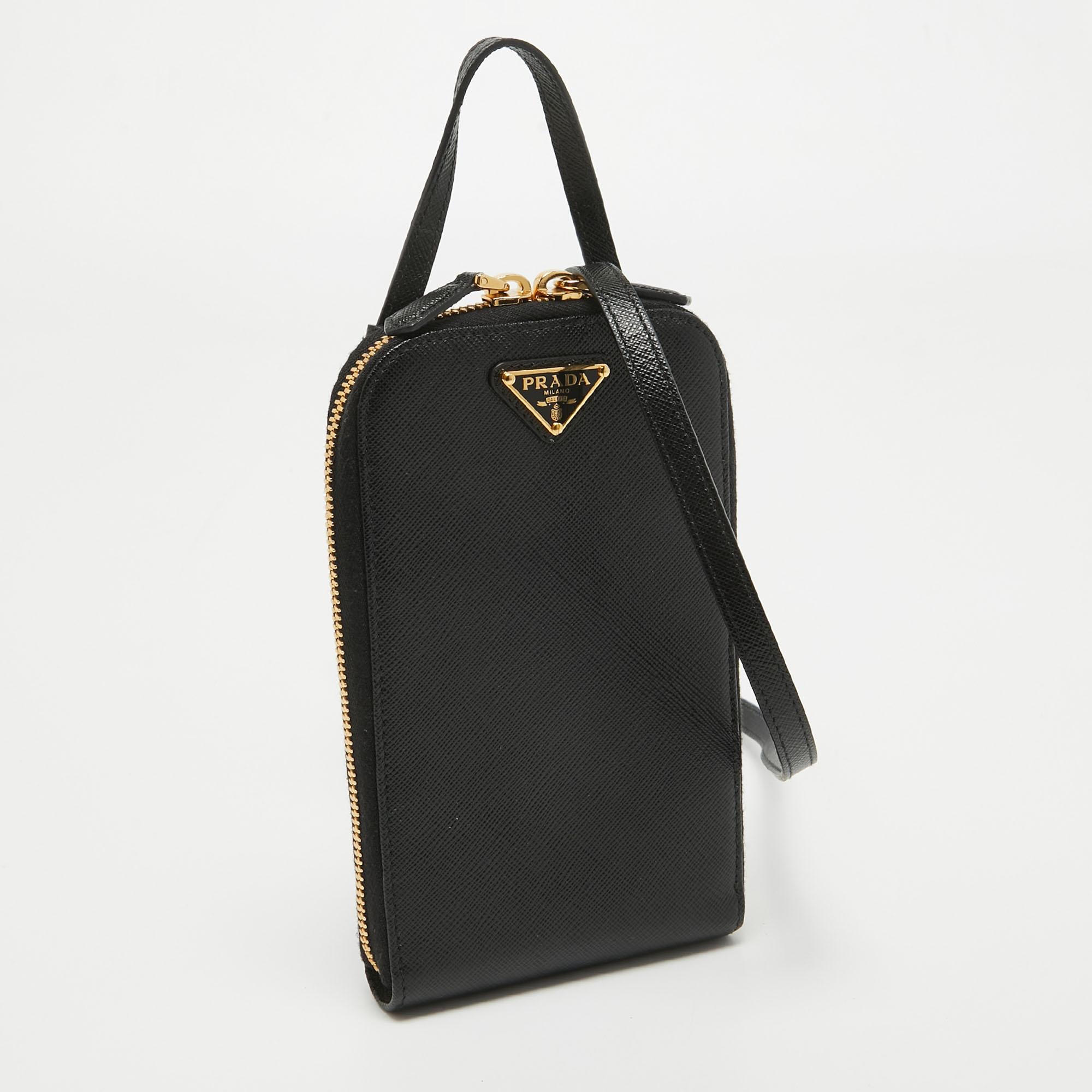 Women's Prada Black Saffiano Lux Leather Phone Crossbody Bag