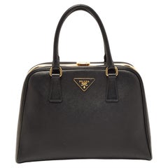 Prada Black Saffiano Lux Leather Pyramid Frame Satchel