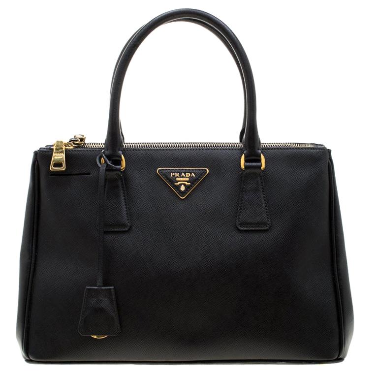 Prada Black Saffiano Lux Leather Small Double Zip Tote For Sale