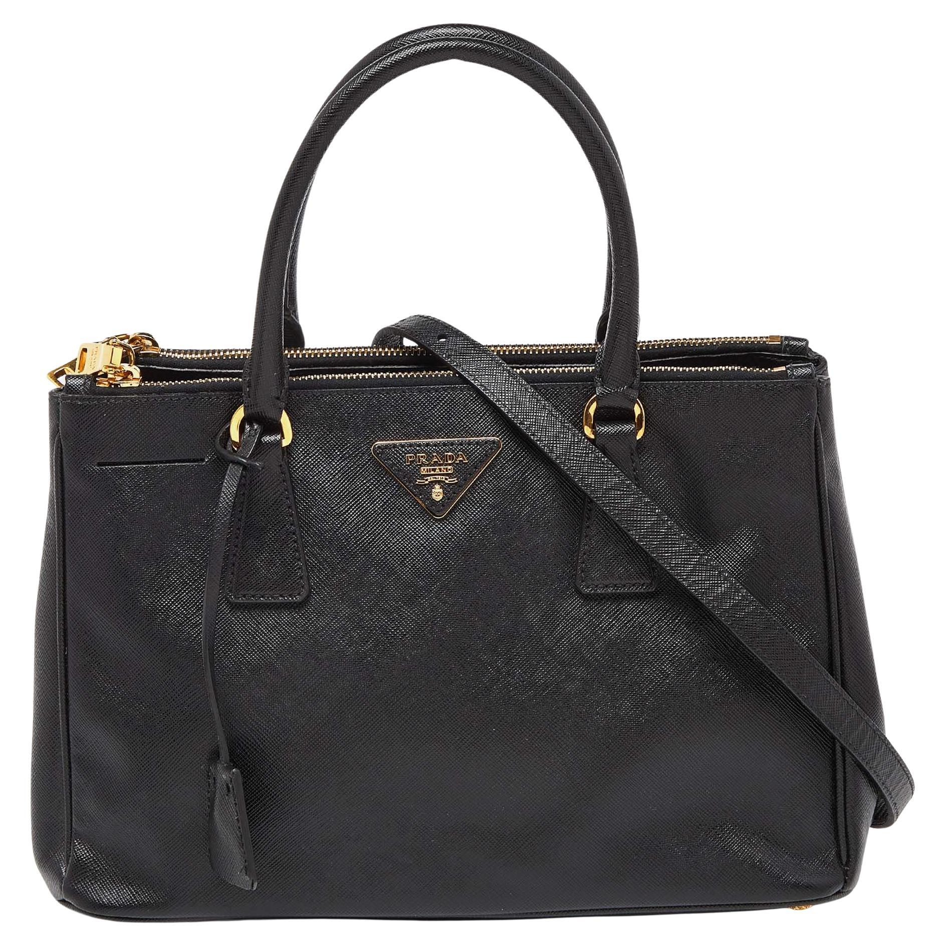 Prada Black Saffiano Lux Leather Small Galleria Double Zip Tote with Wallet For Sale