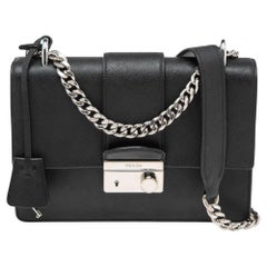 Prada Black Saffiano Lux Leather Small Sound Flap Chain Shoulder Bag