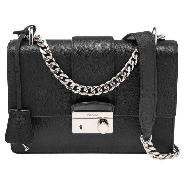 Prada Black Saffiano Lux Leather Small Sound Flap Chain Shoulder Bag at  1stDibs