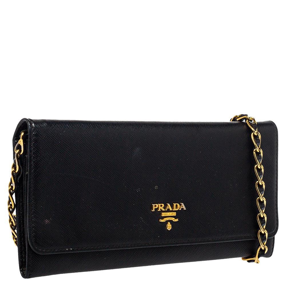 Women's Prada Black Saffiano Lux Leather Wallet on Chain