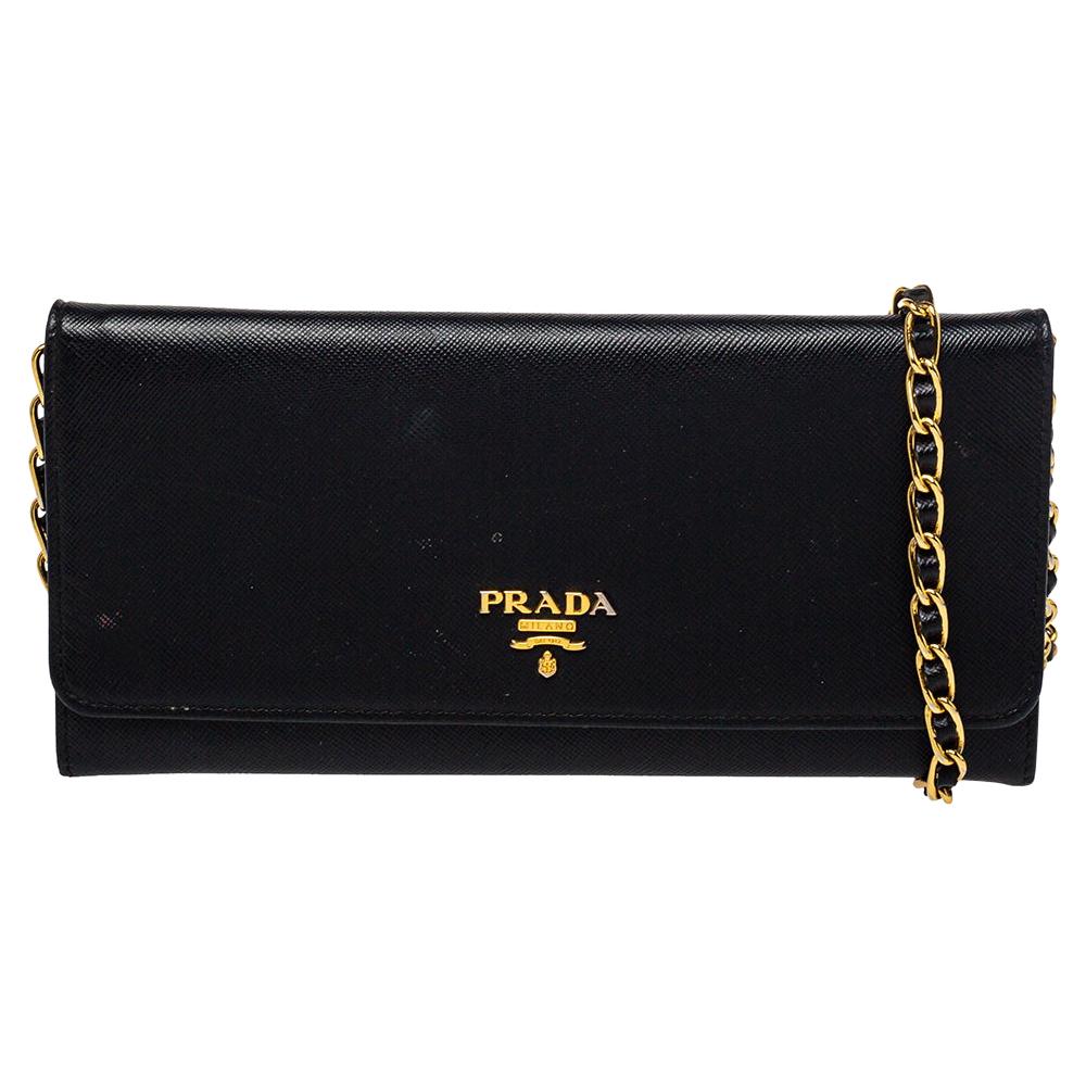 Prada Black Saffiano Lux Leather Wallet on Chain
