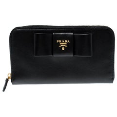 Prada Black Saffiano Lux Leather Zip Around Wallet