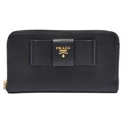 Prada Black Saffiano Metal Leather Bow Continental Wallet