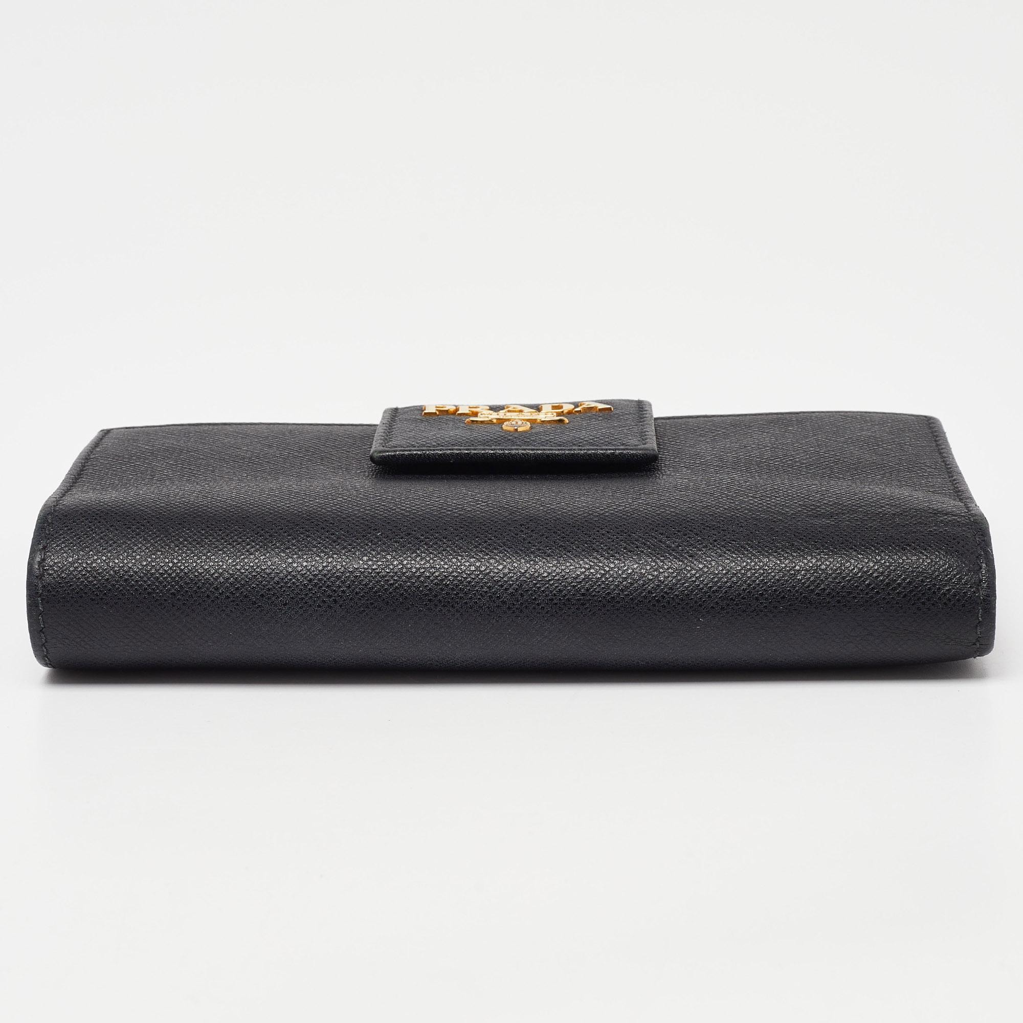 Prada Black Saffiano Metal Leather Compact Wallet 6