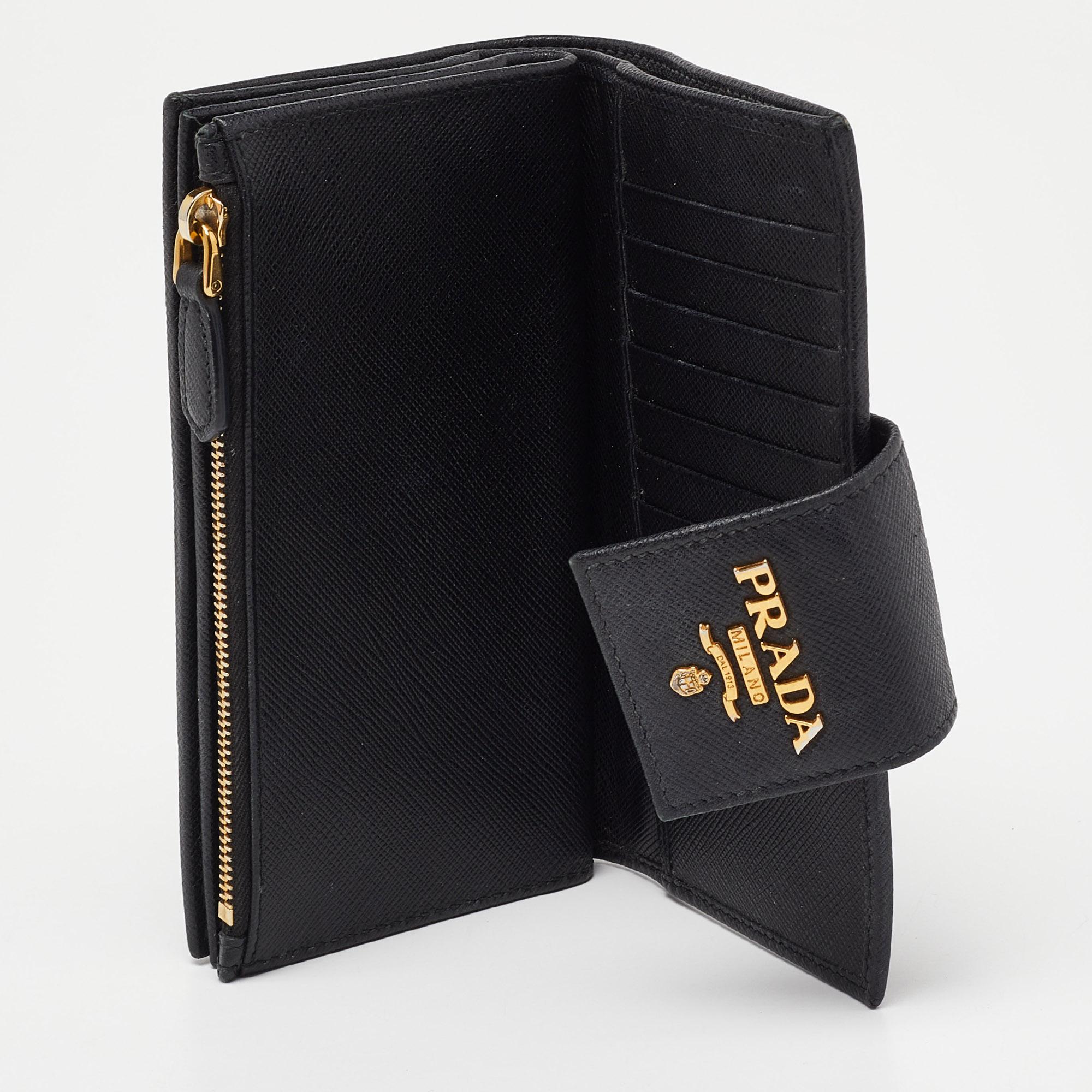 Women's Prada Black Saffiano Metal Leather Compact Wallet