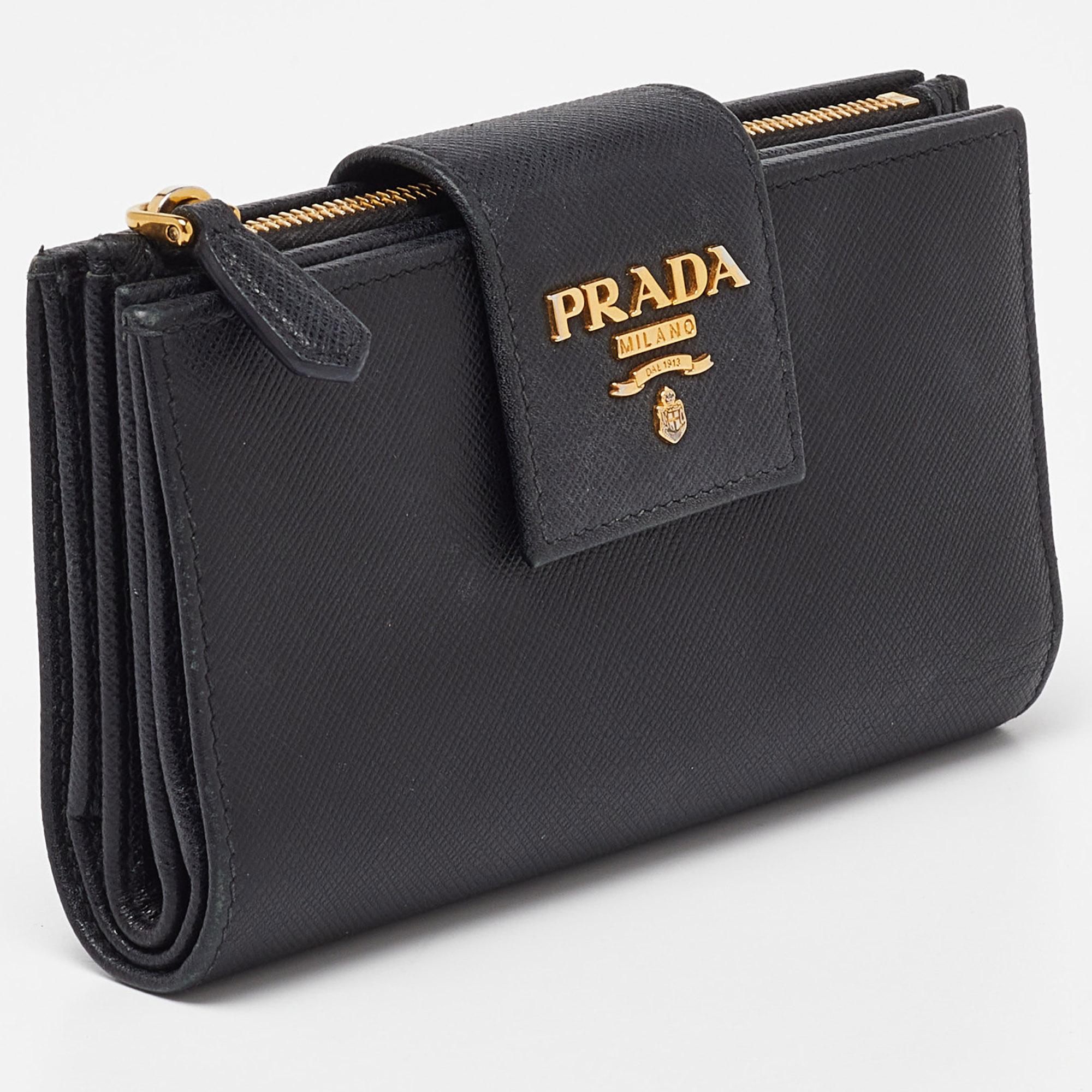 Prada Black Saffiano Metal Leather Compact Wallet 3
