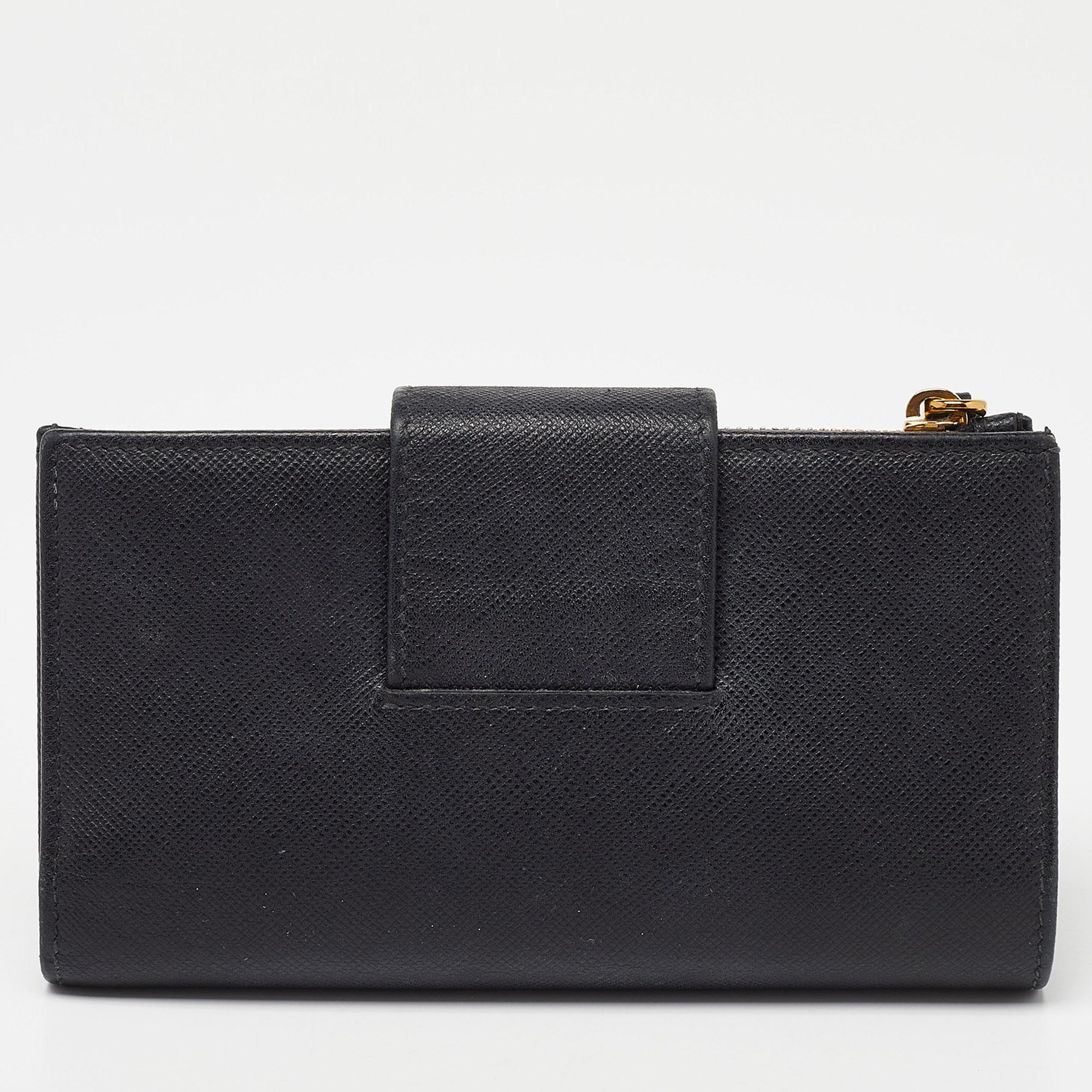 Prada Black Saffiano Metal Leather Compact Wallet 4
