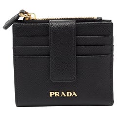 Prada Black Saffiano Metal Leather Flap Card Holder