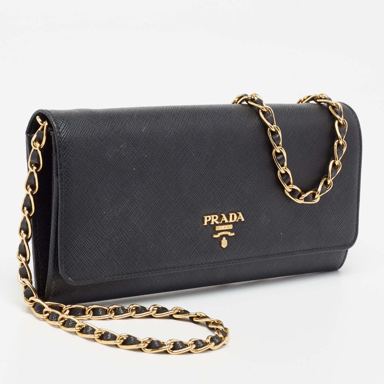 Prada Black Saffiano Metal Leather Wallet on Chain For Sale at 1stDibs