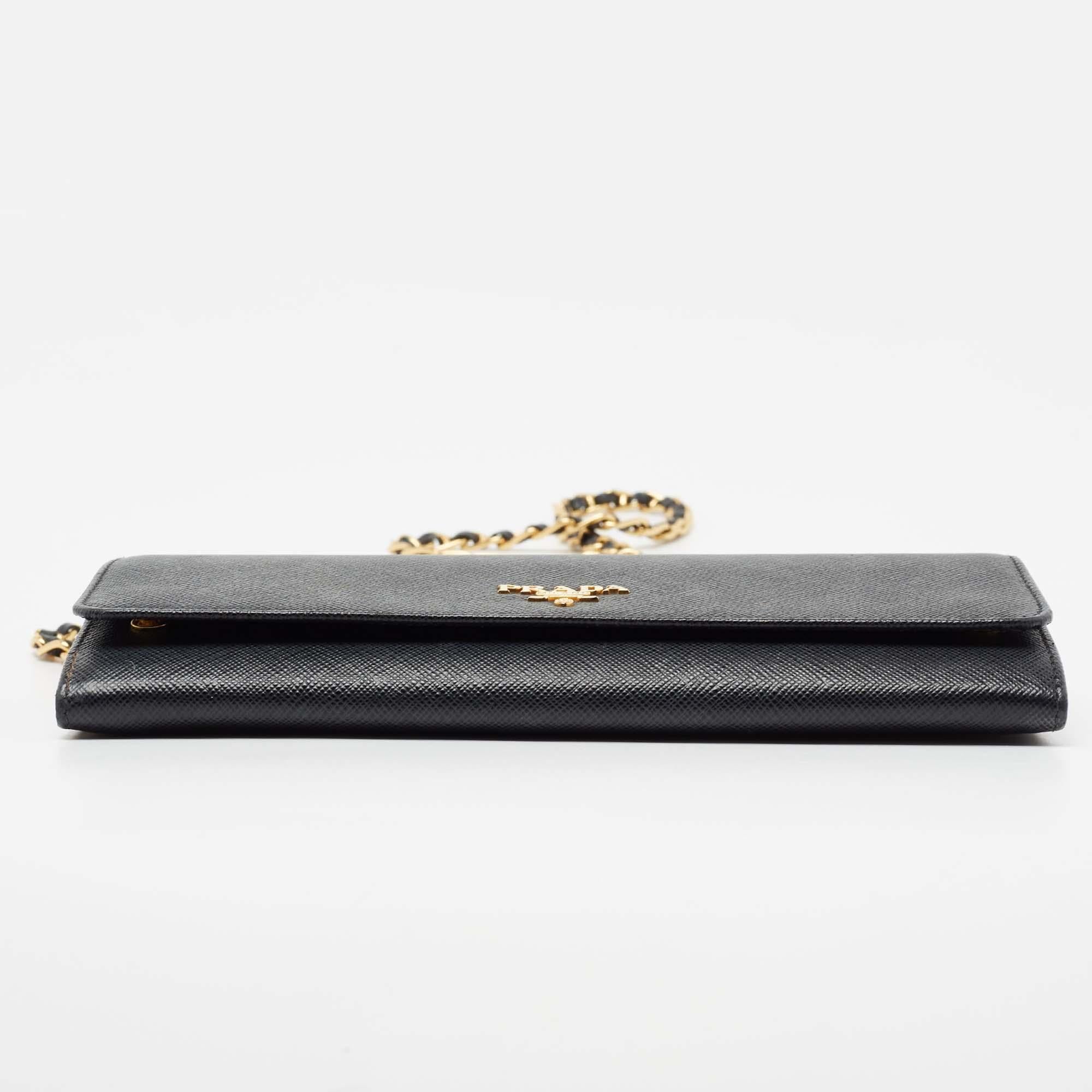 Women's Prada Black Saffiano Metal Leather Wallet on Chain