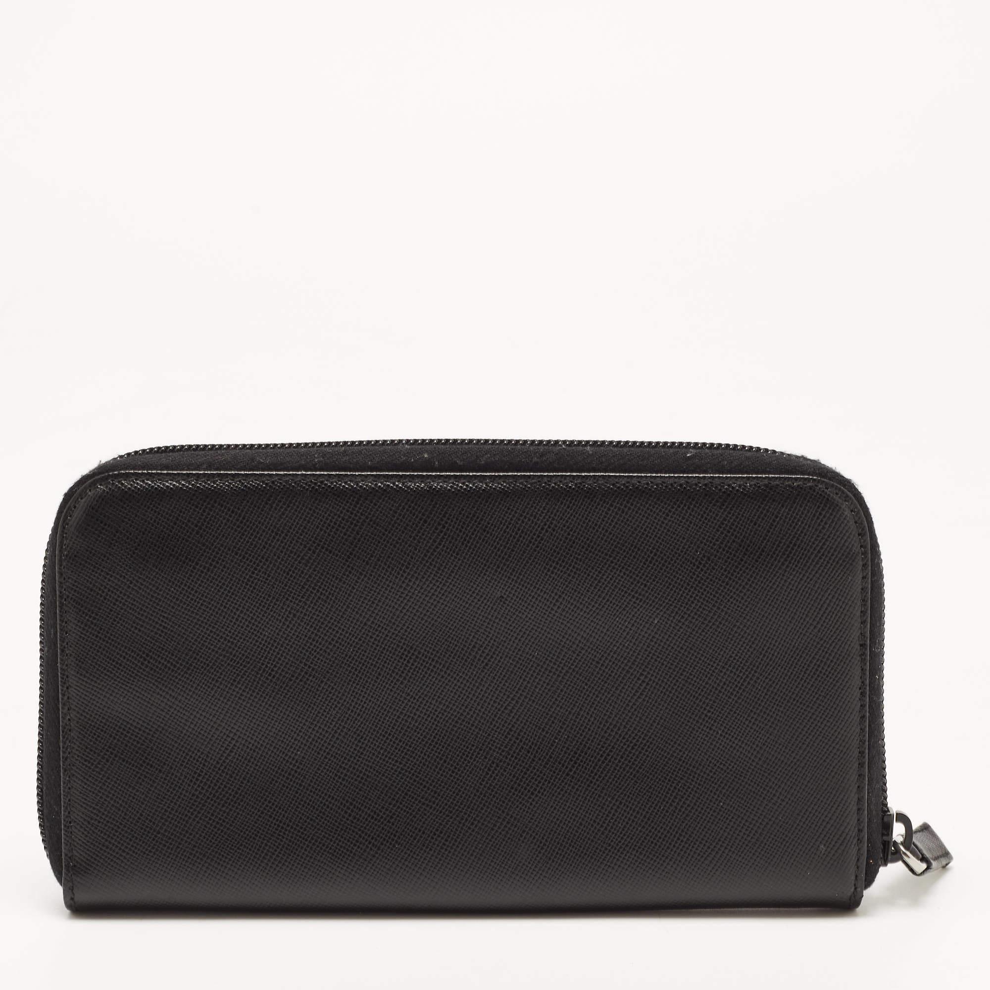 Prada Black Saffiano Metal Leather Zip Around Wallet 2