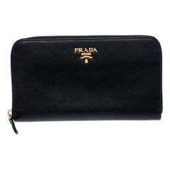 Prada Black Saffiano Metal Leather Zip Around Wallet