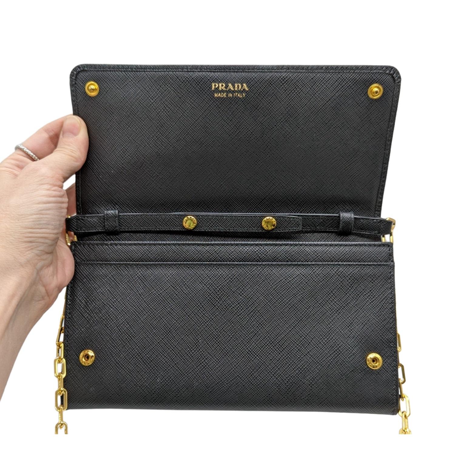 Prada Black Saffiano Metal Oro Chain Wallet Crossbody 2