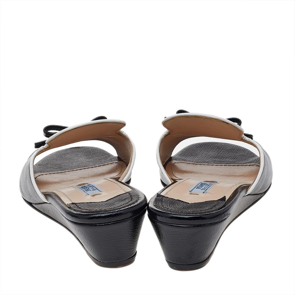 Women's Prada Black Saffiano Patent Leather Bow Wedge Slide Sandals Size 36.5