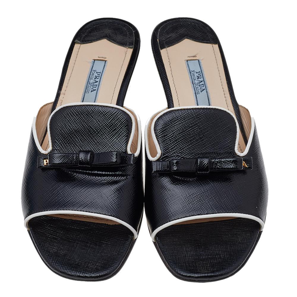 Prada Black Saffiano Patent Leather Bow Wedge Slide Sandals Size 36.5 1