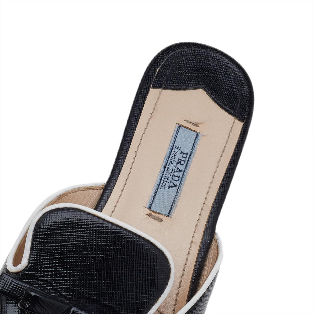 Prada Black Saffiano Patent Leather Bow Wedge Slide Sandals Size 36.5 3