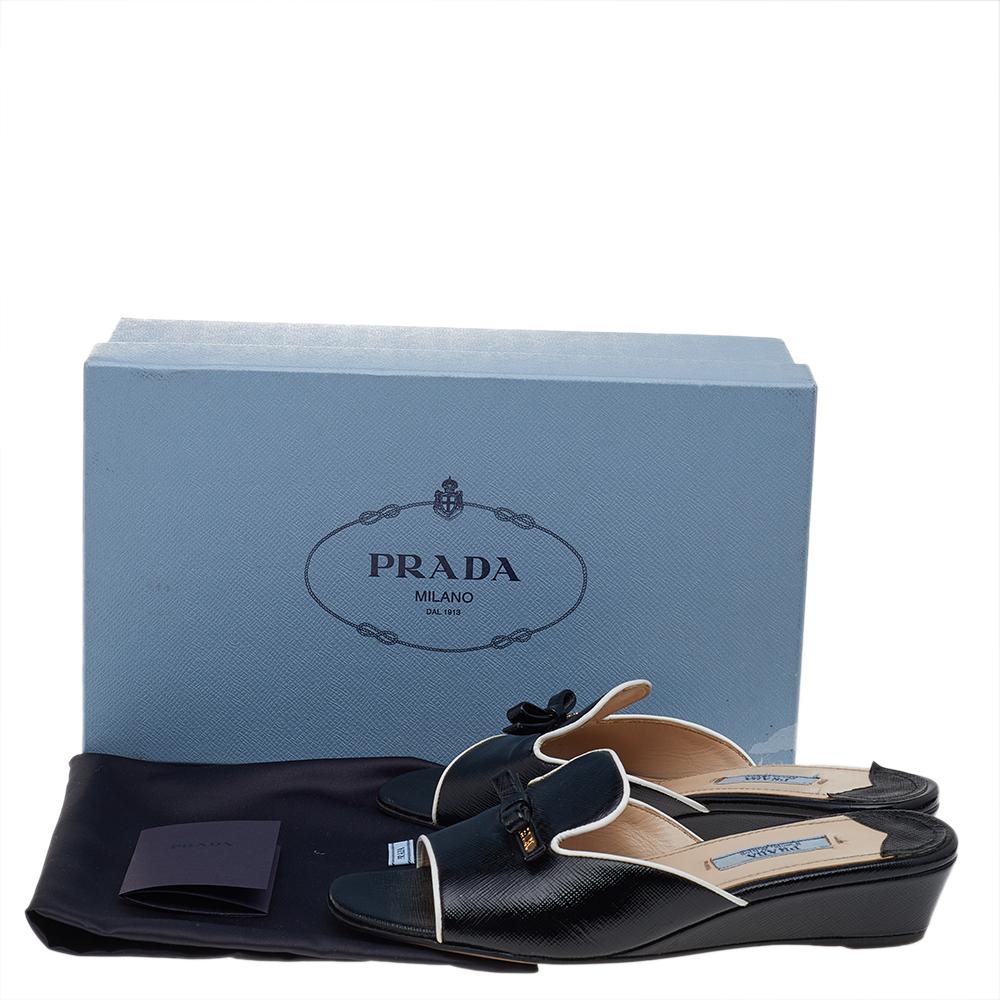 Prada Black Saffiano Patent Leather Bow Wedge Slide Sandals Size 36.5 4