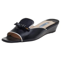 Prada Black Saffiano Patent Leather Bow Wedge Slide Sandals Size 36.5