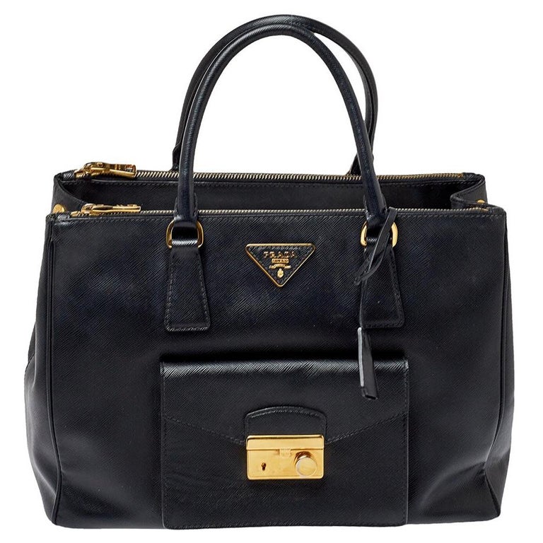 Prada Black Saffiano Patent Leather Front Pocket Double Zip Lux Tote at  1stDibs