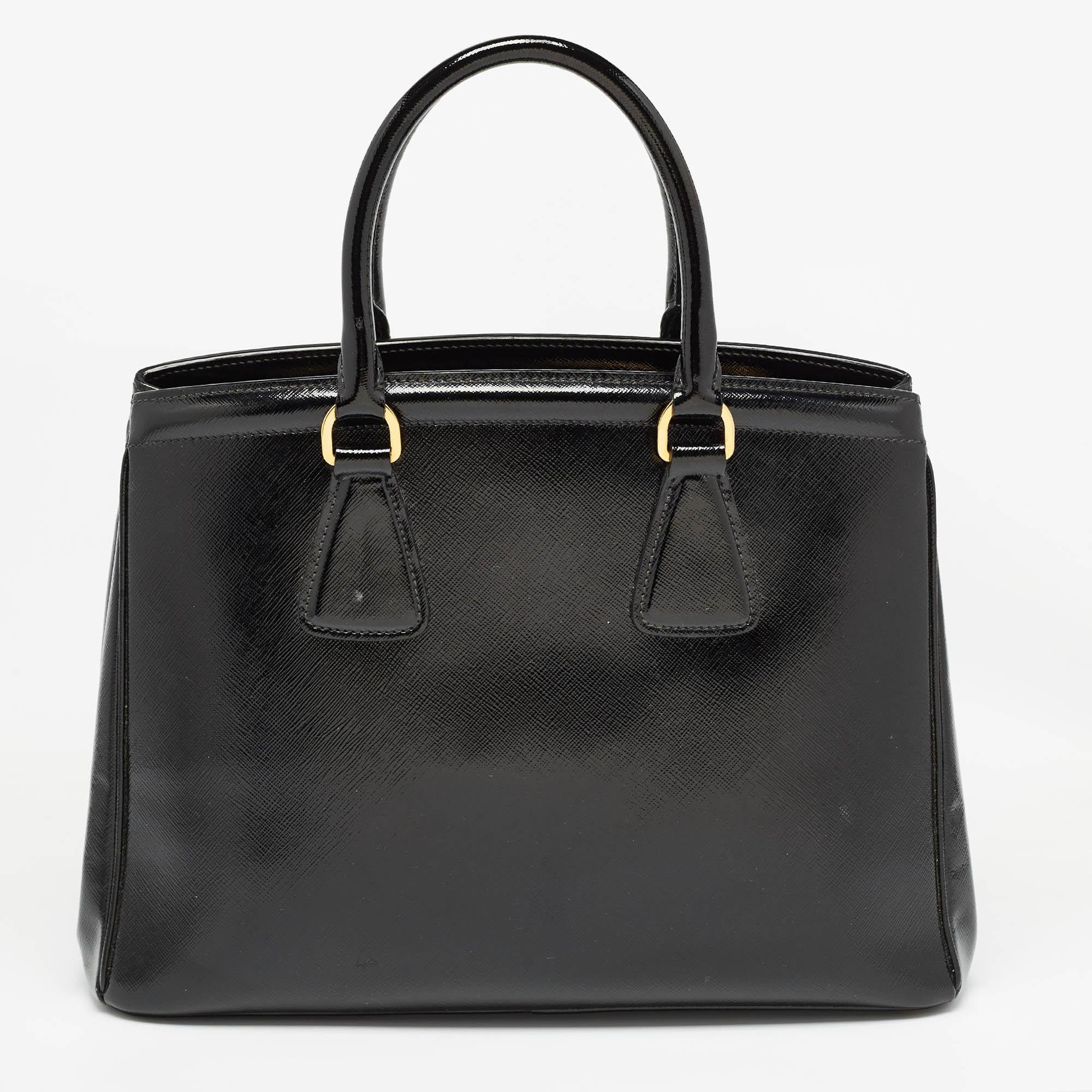 Women's Prada Black Saffiano Patent Leather Parabole Tote