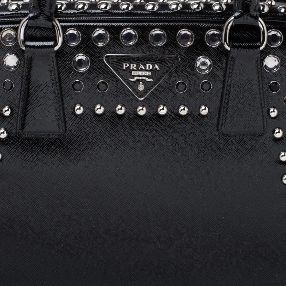 Prada Black Saffiano Patent Leather Studded Pyramid Frame Satchel 2