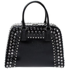 Prada Black Saffiano Patent Leather Studded Pyramid Frame Satchel