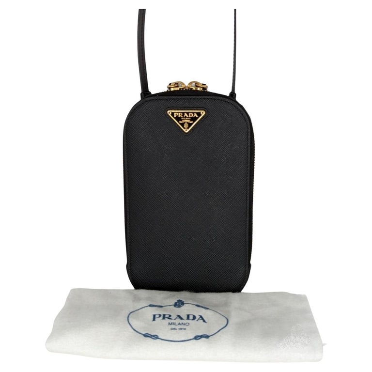 Prada Black Saffiano Phone Crossbody Vertical Mini Bag For Sale at 1stDibs