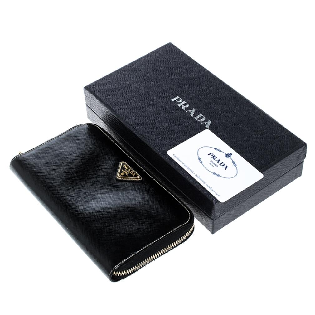 Prada Black Saffiano Vernic Leather Zip Around Wallet 6