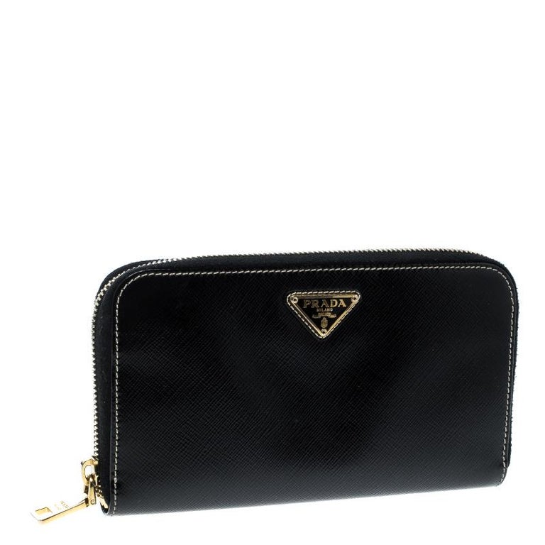 Prada Black Saffiano Vernic Leather Zip Around Wallet For Sale at 1stdibs