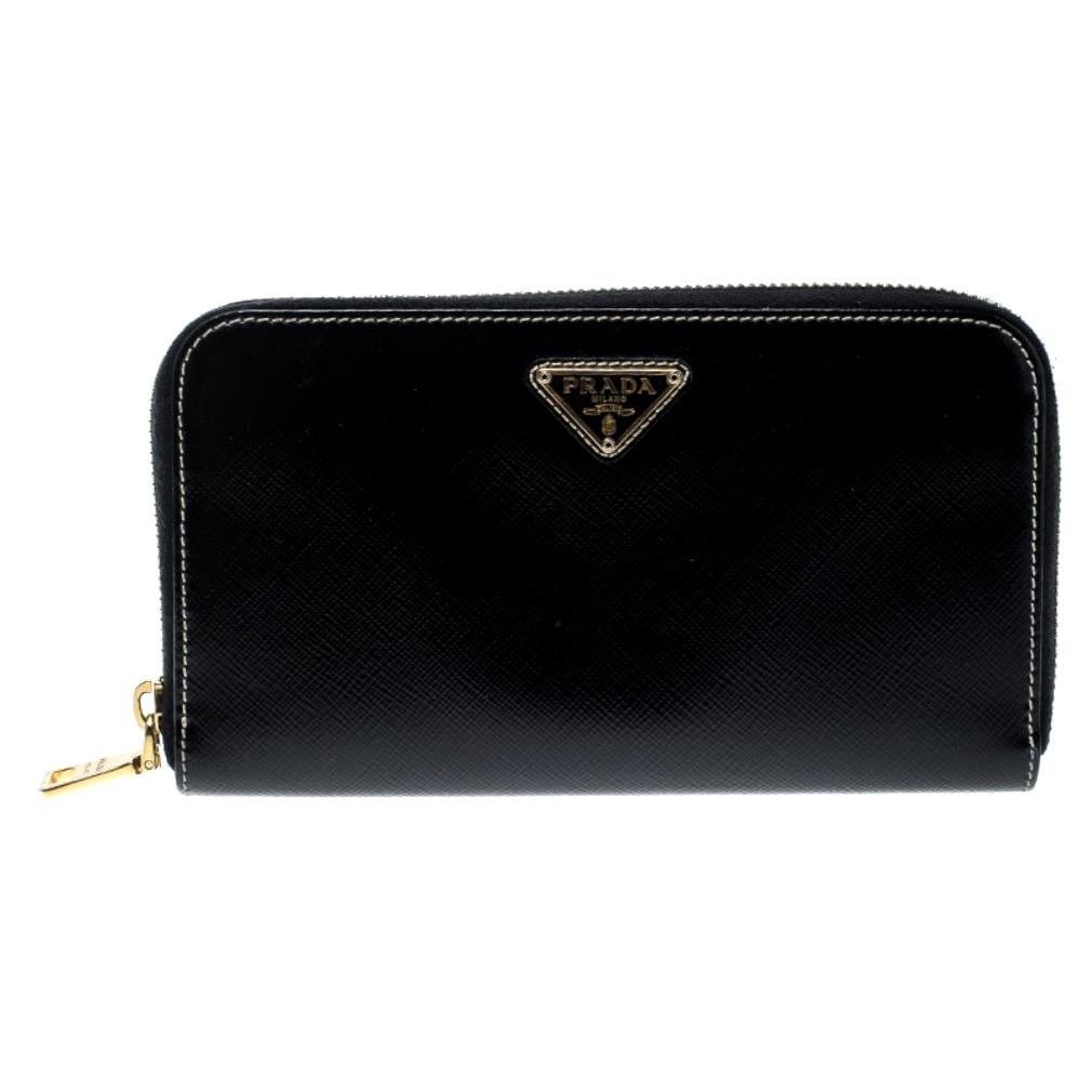 Prada Black Saffiano Vernic Leather Zip Around Wallet