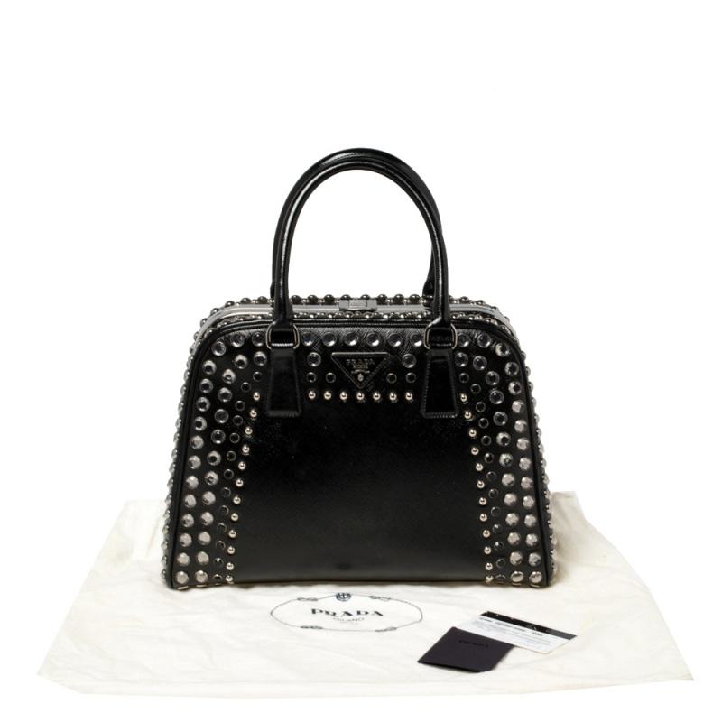 Prada Black Saffiano Vernic Patent Leather Studded Pyramid Frame Satchel 6