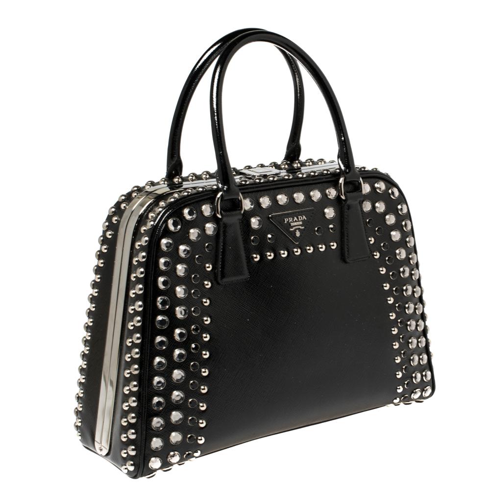 Prada Black Saffiano Vernic Patent Leather Studded Pyramid Frame Satchel In Good Condition In Dubai, Al Qouz 2