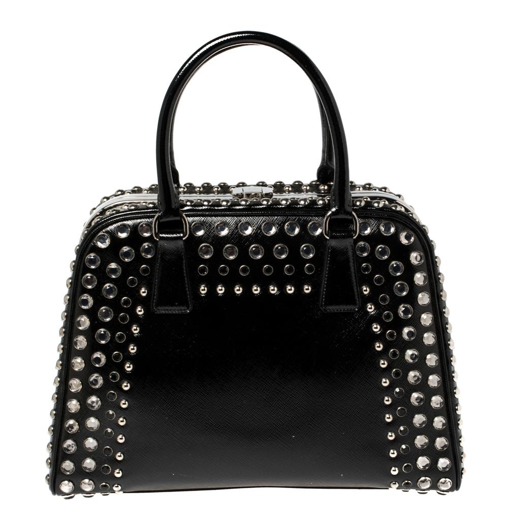 Women's Prada Black Saffiano Vernic Patent Leather Studded Pyramid Frame Satchel